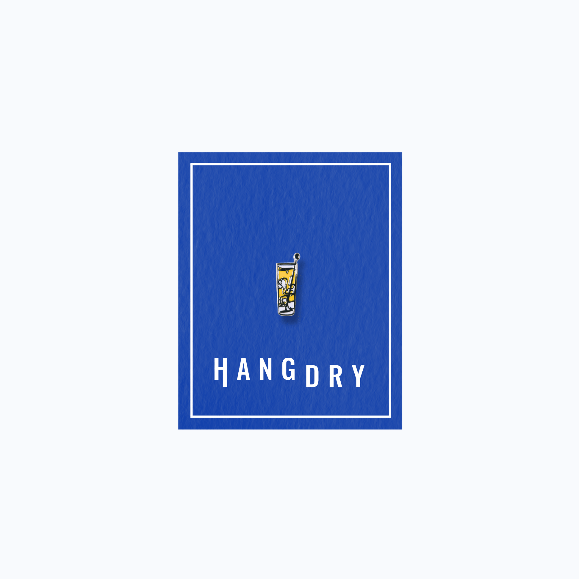 Hang Dry Sunday Dinner enamel pin — tall Collins glass shape, displayed on Hang Dry blue branded card