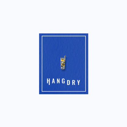 Hang Dry Sunday Dinner enamel pin — tall Collins glass shape, displayed on Hang Dry blue branded card