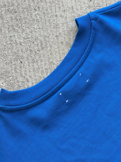 Hang Dry Studio Blue Sunday Dinner tee — detail shot of the graphic and fabric texture