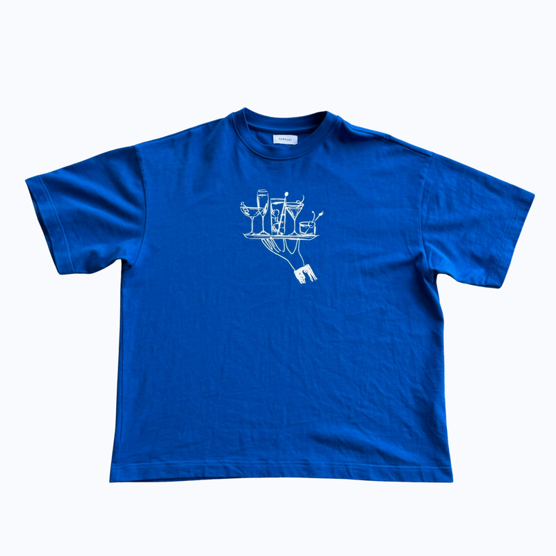Hang Dry Studio Blue Sunday Dinner tee — flat lay product photo showing the cocktail tray graphic