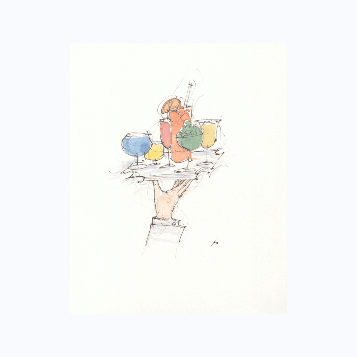 Hang Dry Sunday Dinner art print — illustrated hand serving a tray of colorful cocktails