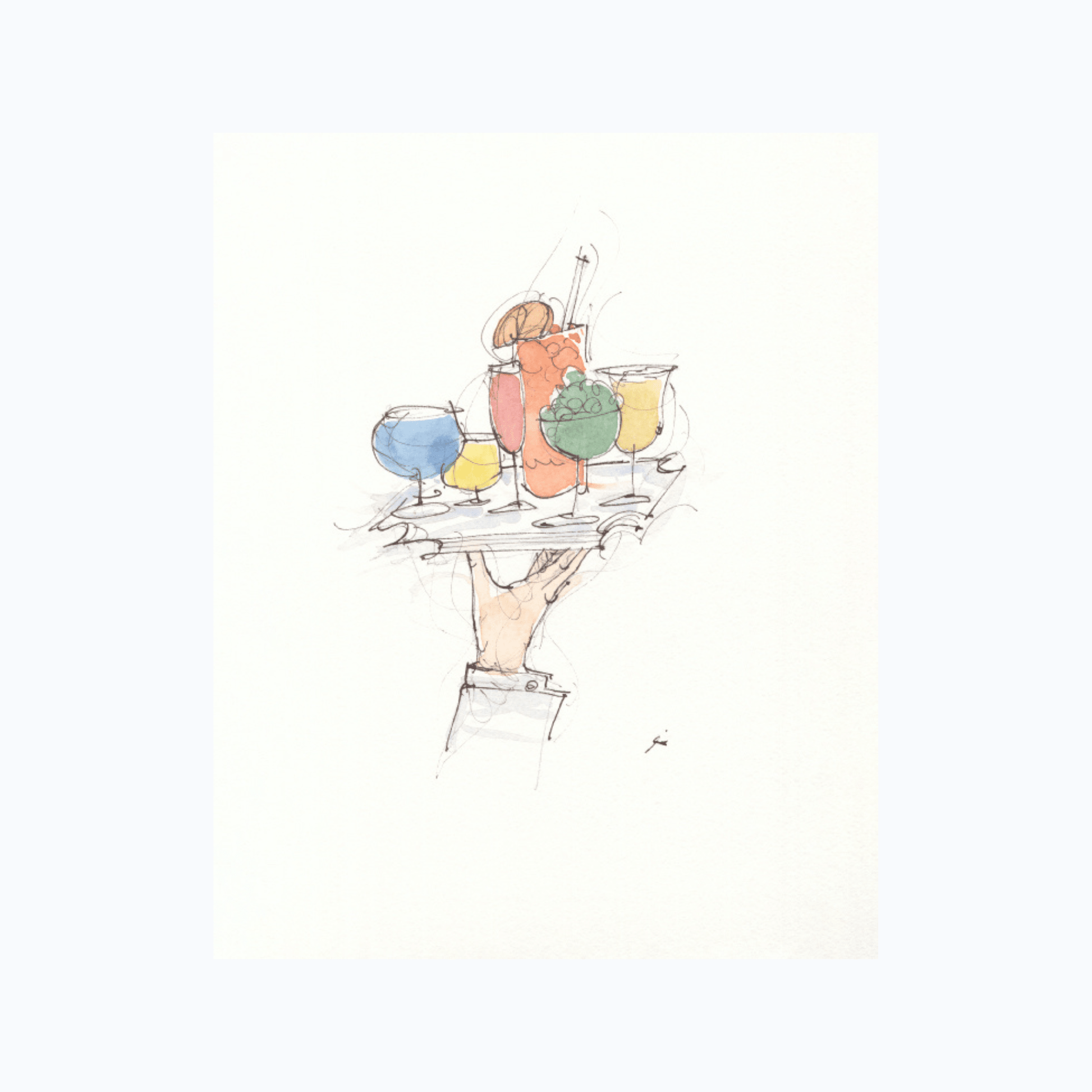 Hang Dry Sunday Dinner art print — illustrated hand serving a tray of colorful cocktails
