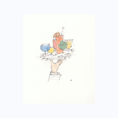 Hang Dry Sunday Dinner art print — illustrated hand serving a tray of colorful cocktails