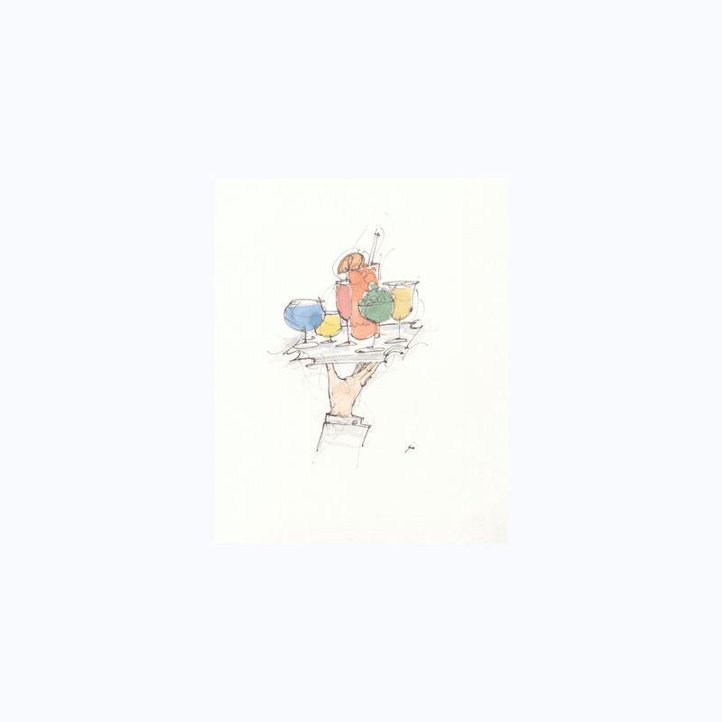 Hang Dry Sunday Dinner art print variant — hand-drawn cocktail tray illustration