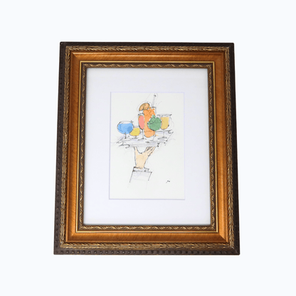 Hang Dry Sunday Dinner original artwork — illustrated hand holding a tray of colorful cocktails, framed in gold