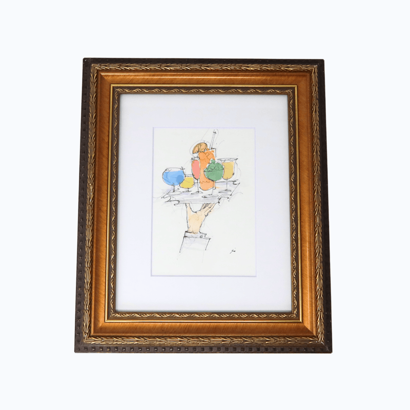 Hang Dry Sunday Dinner original artwork — illustrated hand holding a tray of colorful cocktails, framed in gold