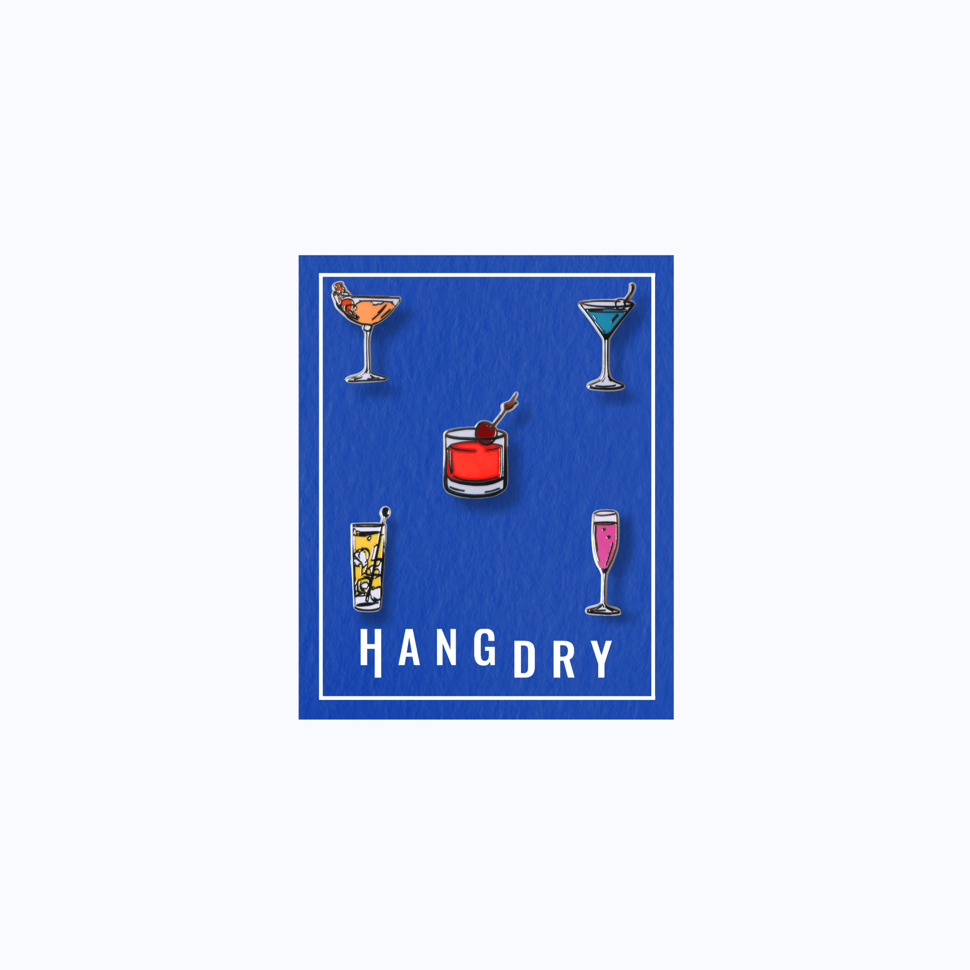Complete Hang Dry Sunday Dinner enamel pin collection — Rocks, Coupe, Flute, Martini, and Collins, all on blue Hang Dry cards