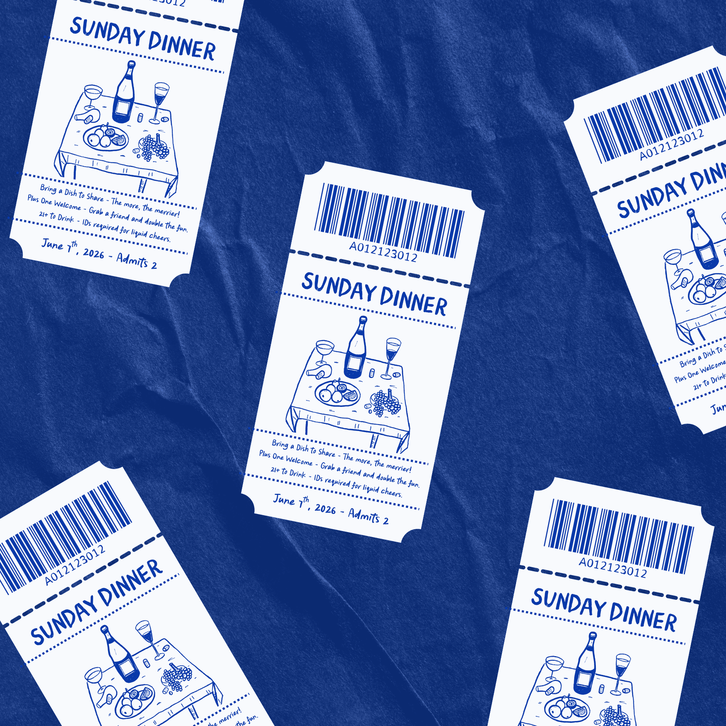 Hang Dry Sunday Dinner event tickets — blue branded tickets for an exclusive dining experience