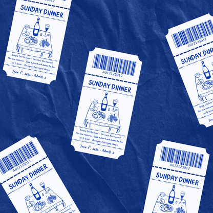 Hang Dry Sunday Dinner event tickets — blue branded tickets for an exclusive dining experience