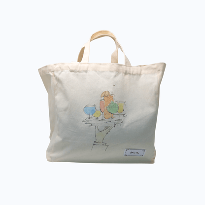 Hang Dry Sunday Dinner tote bag — white 100% cotton canvas with artwork and brand tag, showing dual strap lengths