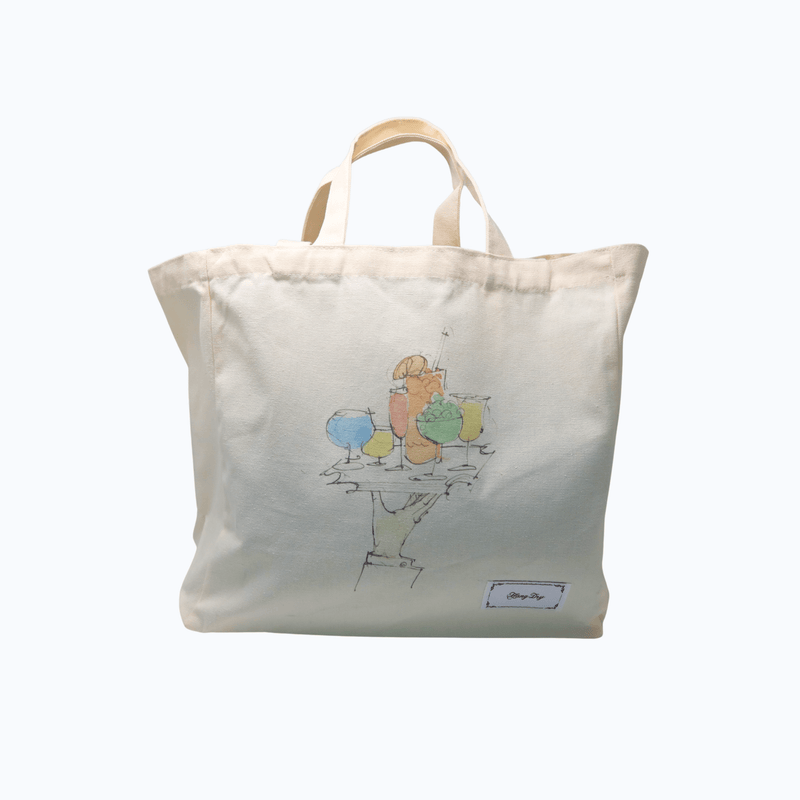 Hang Dry Sunday Dinner tote bag — white 100% cotton canvas with artwork and brand tag, showing dual strap lengths