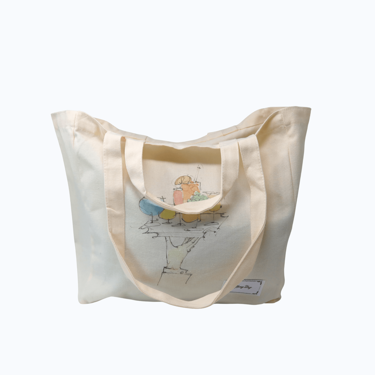 Hang Dry Sunday Dinner tote bag — white cotton canvas with Sunday Dinner artwork and Hang Dry logo label
