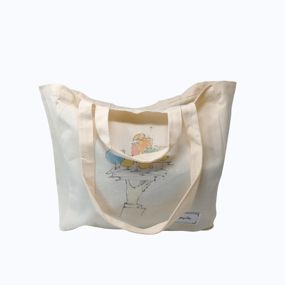 Hang Dry Sunday Dinner tote bag — white cotton canvas with Sunday Dinner artwork and Hang Dry logo label