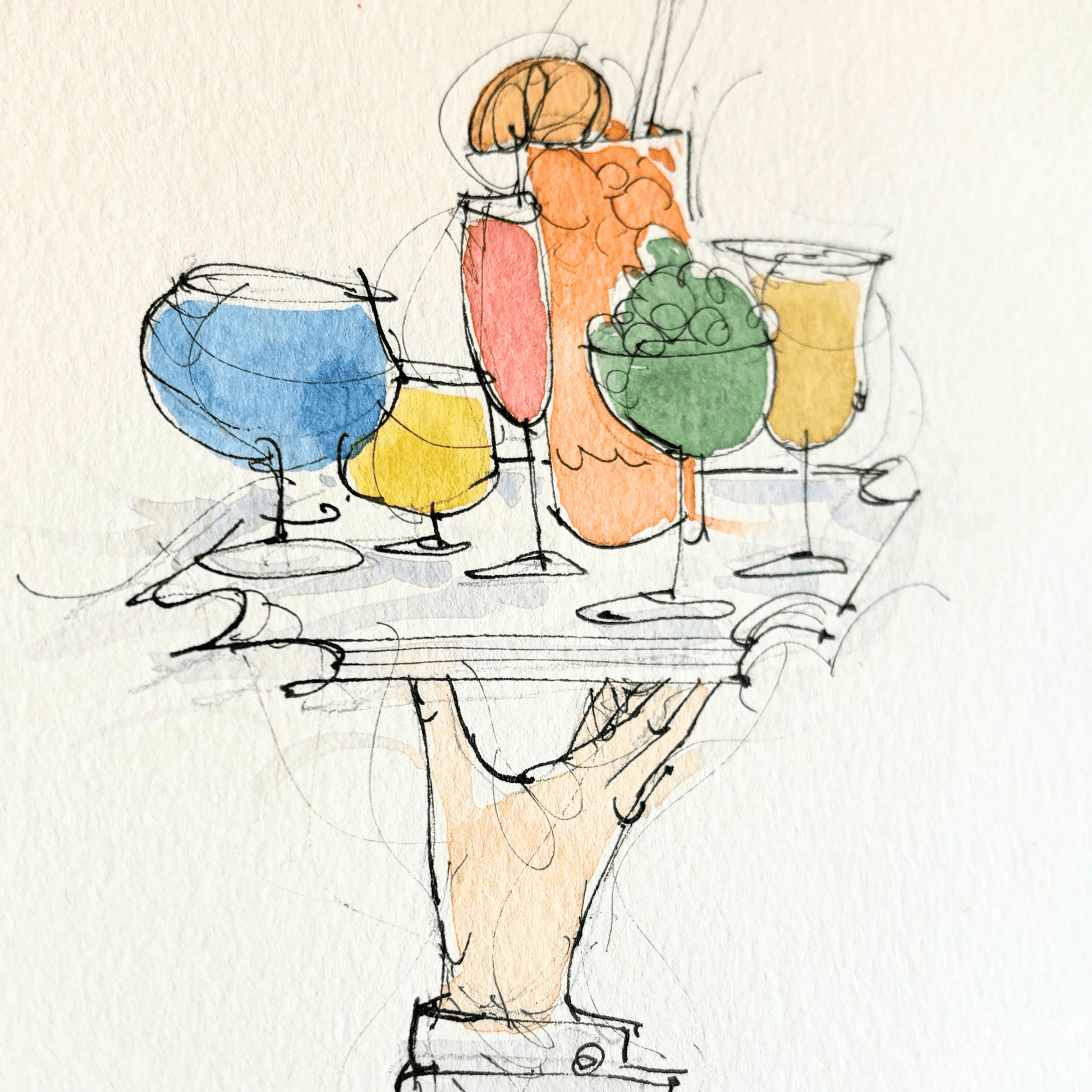 Hang Dry Sunday Dinner artwork — watercolor and pencil sketch of a hand carrying a tray of cocktail glasses